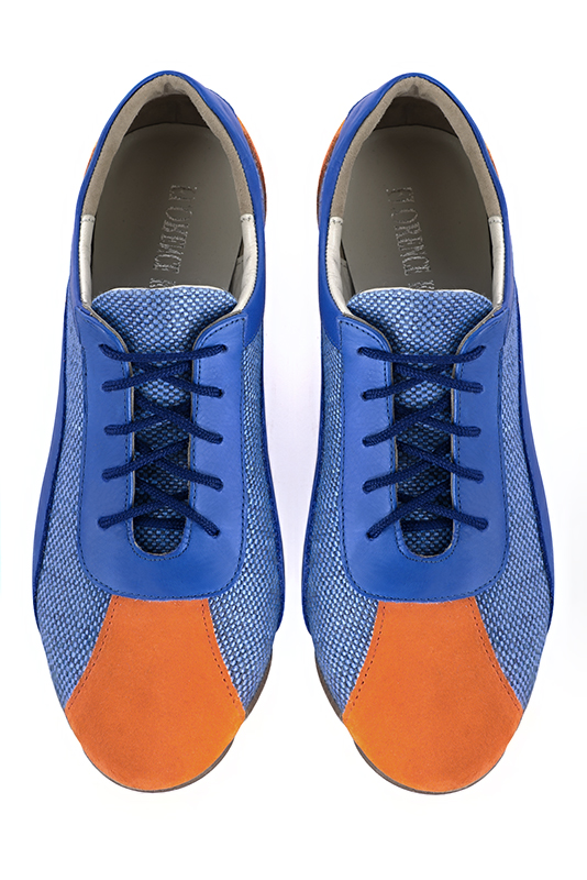Apricot orange and electric blue women's two-tone elegant sneakers. Round toe. Flat rubber soles. Top view - Florence KOOIJMAN